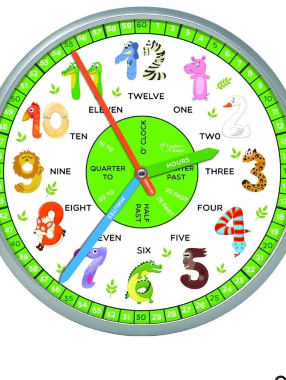 Kids Learning Wall Clock - Colorful Animal Numbers (Green, Blue, Orange)